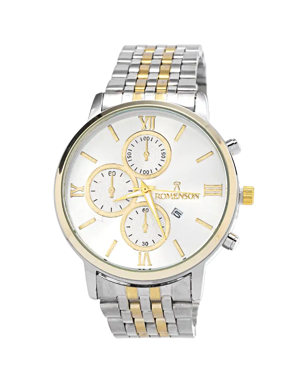 خرید ساعت مچی مردانه رومانسون ROMANSON مدل 1727 صفحه ی سفید و بند نقره ای طلایی به همراه جعبه و ارسال رایگان به سراسر ایران | ساعت romenson