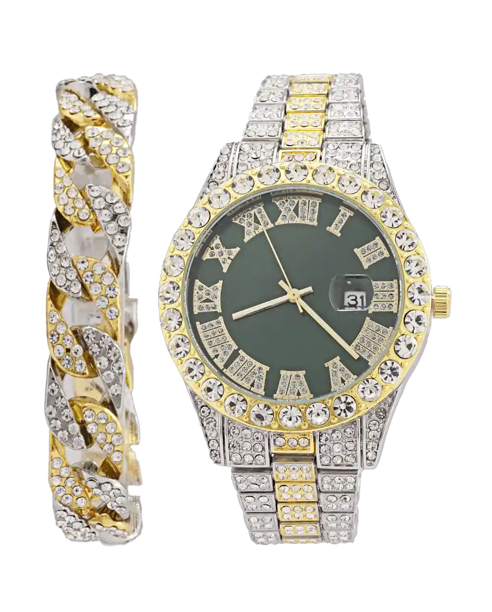 خرید ست ساعت مچی و دستبند مردانه فول نگین رولکس ROLEX مدل 1804 نقره ای طلایی قیمت 650 هزارتومان با دستبند فول نگین به همراه جعبه و ارسال رایگان