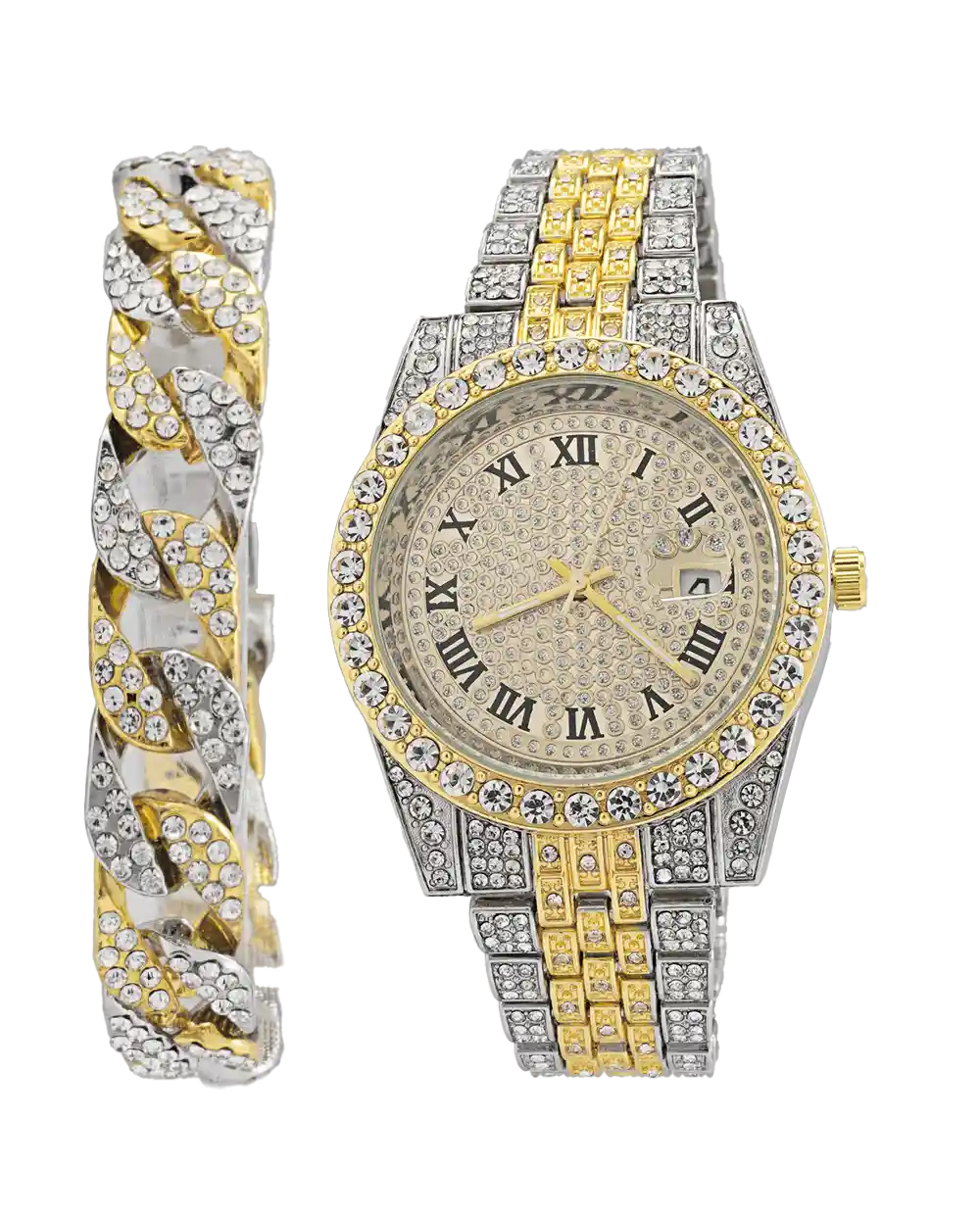خرید ست ساعت مچی و دستبند مردانه فول نگین رولکس ROLEX مدل 1805 نقره ای طلایی با دستبند فول نگین قیمت 650 هزارتومان به همراه ارسال رایگان و جعبه