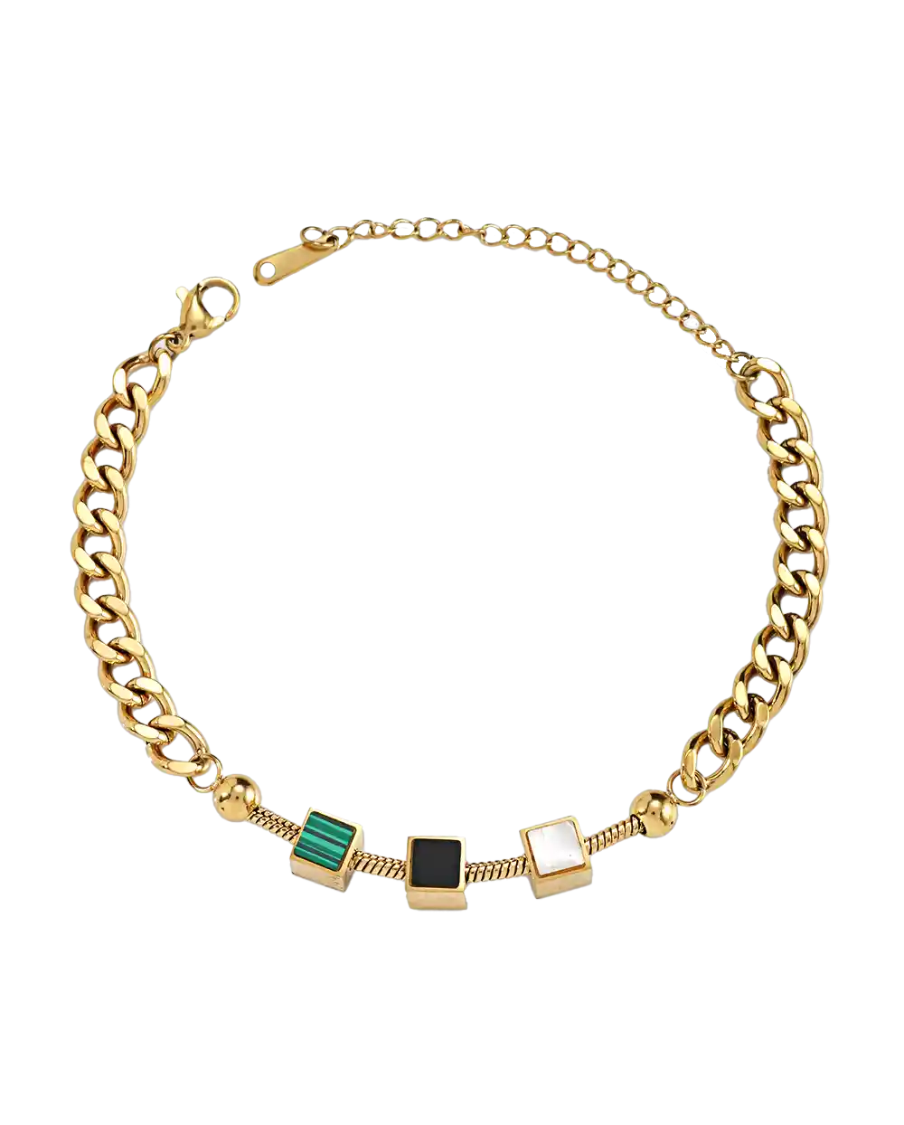 خرید دستبند زنجیری صدفی زنانه مدل 1858 رنگ طلایی با سنگ زمردی قیمت 230 هزارتومان به همراه ارسال رایگان به سراسر ایران و جعبه ی شکیل
