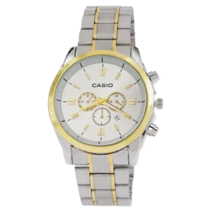 خرید ساعت مچی مردانه کاسیو CASIO مدل 1918 استیل نقره ای طلایی با صفحه سفید و رنگ ثابت قیمت 380 هزارتومان به همراه ارسال رایگان و جعبه ی کادویی