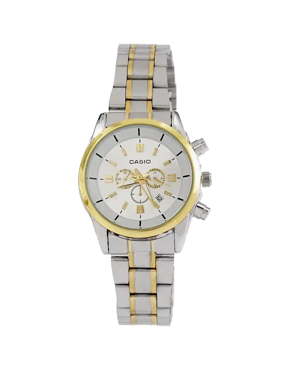 خرید ساعت مچی زنانه کاسیو CASIO مدل 1919 بند استیل رنگ نقره ای طلایی با صفحه ی سفید قیمت 380 هزارتومان به همراه ارسال رایگان و جعبه ی کادویی