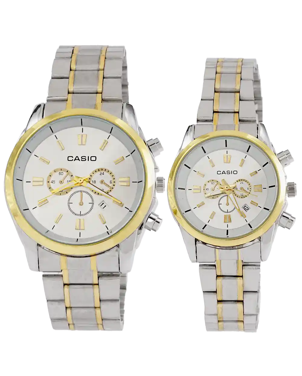 خرید ست ساعت مچی کاسیو CASIO مدل 1920 بند استیل رنگ نقره ای طلایی و صفحه ی سفید رنگ ثابت قیمت 750 هزارتومان به همراه ارسال رایگان و جعبه