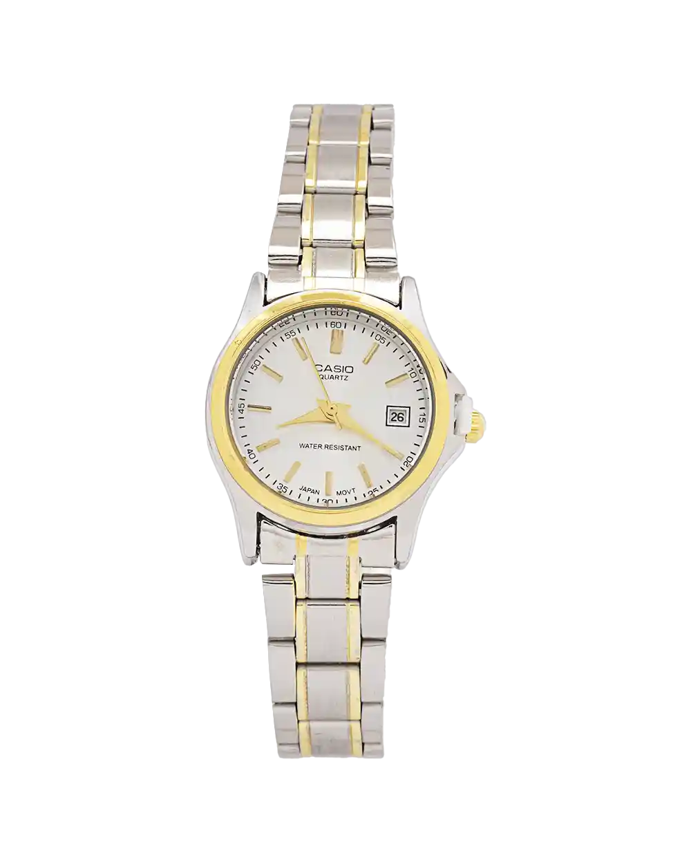خرید ساعت مچی زنانه کاسیو CASIO مدل 1942 بند استیل نقره ای طلایی رنگ ثابت و صفحه مشکی، بهترین قیمت به همراه ارسال رایگان و جعبه کادویی