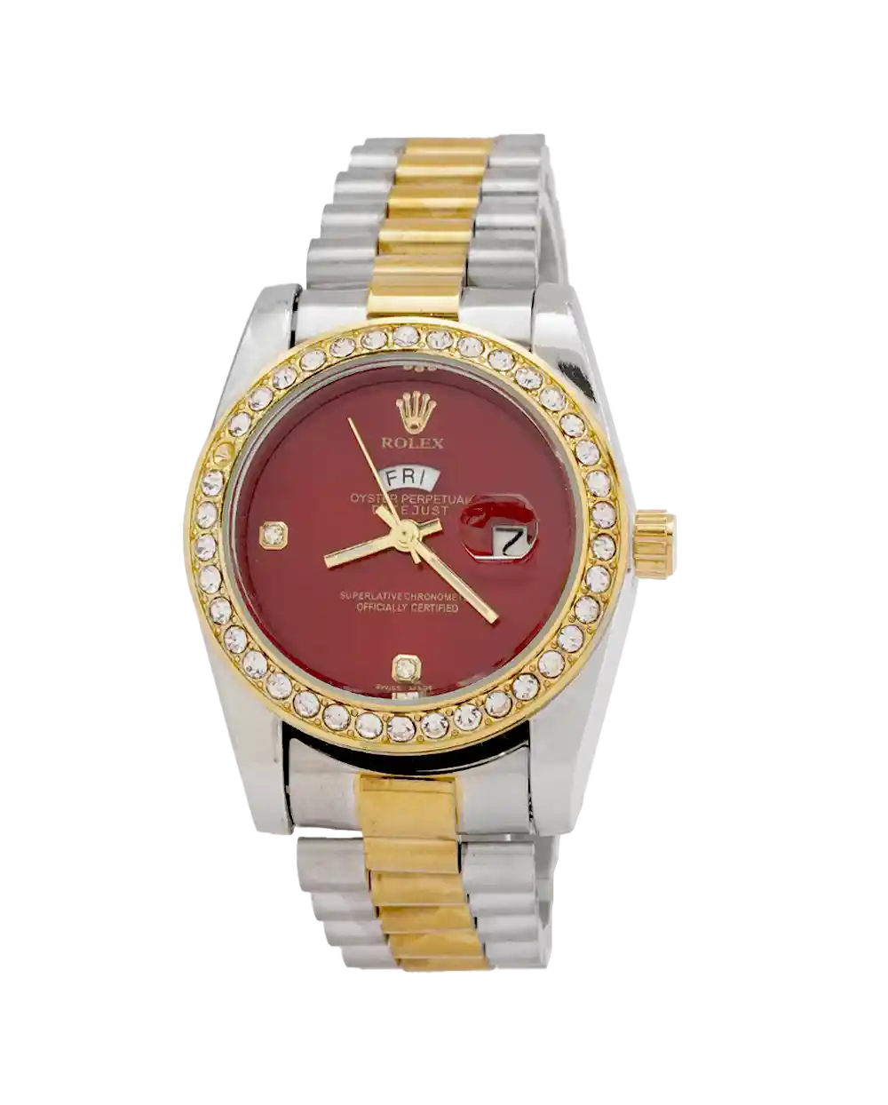 خرید ساعت مچی زنانه رولکس ROLEX طرح DAY DATE مدل 1947 صفحه قرمز و بند استیل نقره ای طلایی با قفل اصلی رولکس بهترین قیمت و ارسال رایگان
