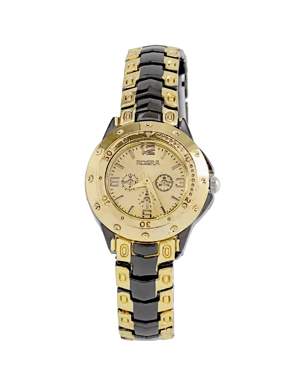 خرید ساعت مچی زنانه روسرا ROSRA مدل 1974 بند استیل مشکی طلایی رنگ ثابت و صفحه طلایی با بهترین قیمت و ارسال رایگان به سراسر ایران درب منزل