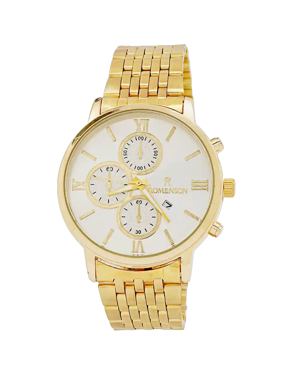 خرید ساعت مچی مردانه رومانسون ROMANSON مدل 1979 بند استیل طلایی رنگ ثابت و صفحه سفید بهترین قیمت به همراه ارسال رایگان و جعبه