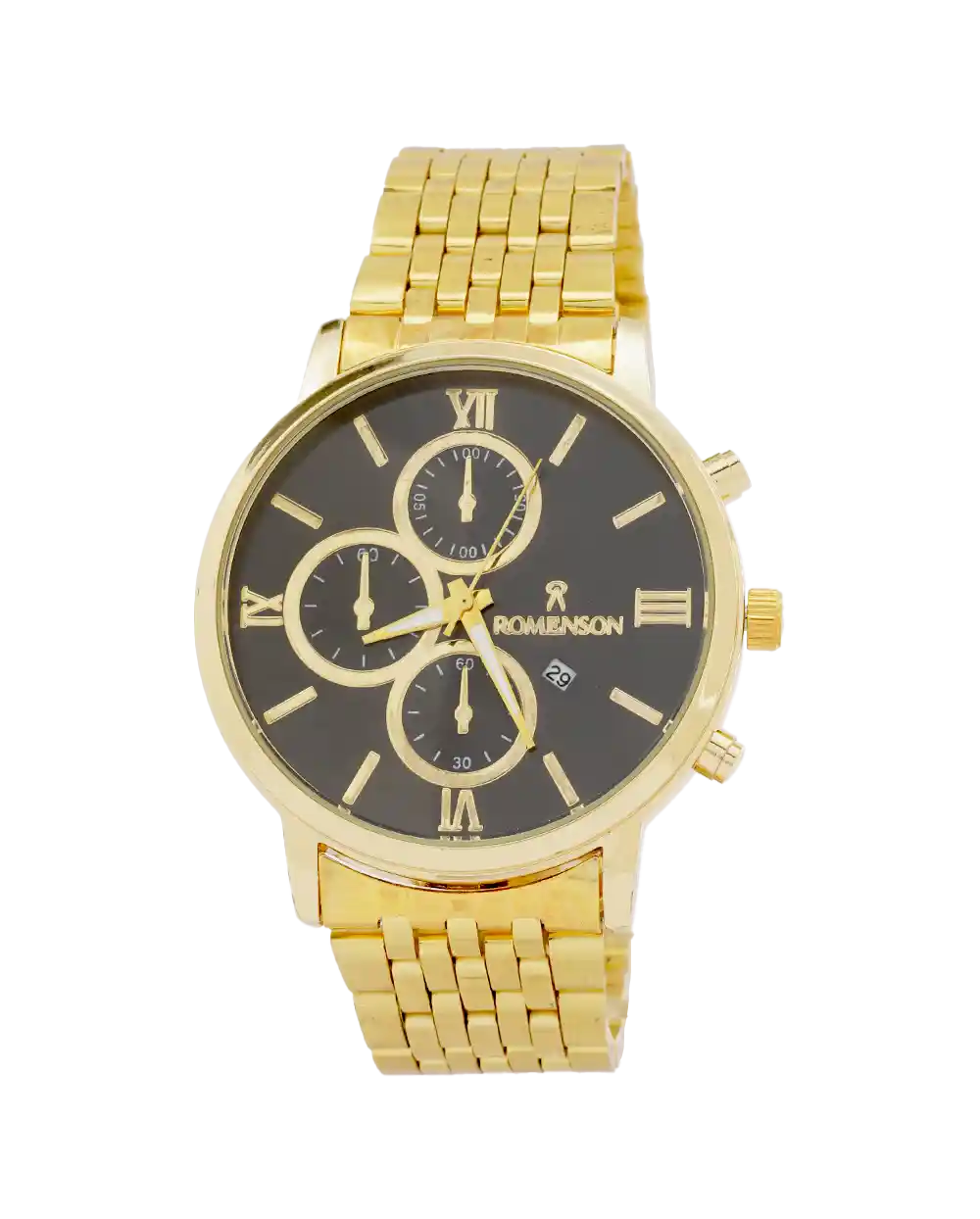 خرید ساعت مچی مردانه رومانسون ROMANSON مدل 1982 بند استیل طلایی رنگ ثابت و صفحه مشکی بهترین قیمت به همراه ارسال رایگان و جعبه