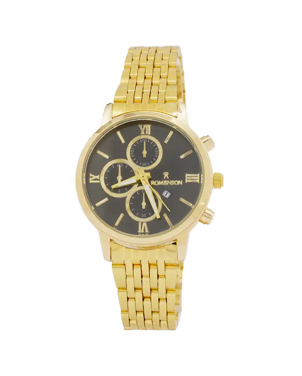 خرید ساعت مچی زنانه رومانسون ROMANSON مدل 1983 بند استیل طلایی رنگ ثابت و صفحه مشکی بهترین قیمت به همراه ارسال رایگان و جعبه