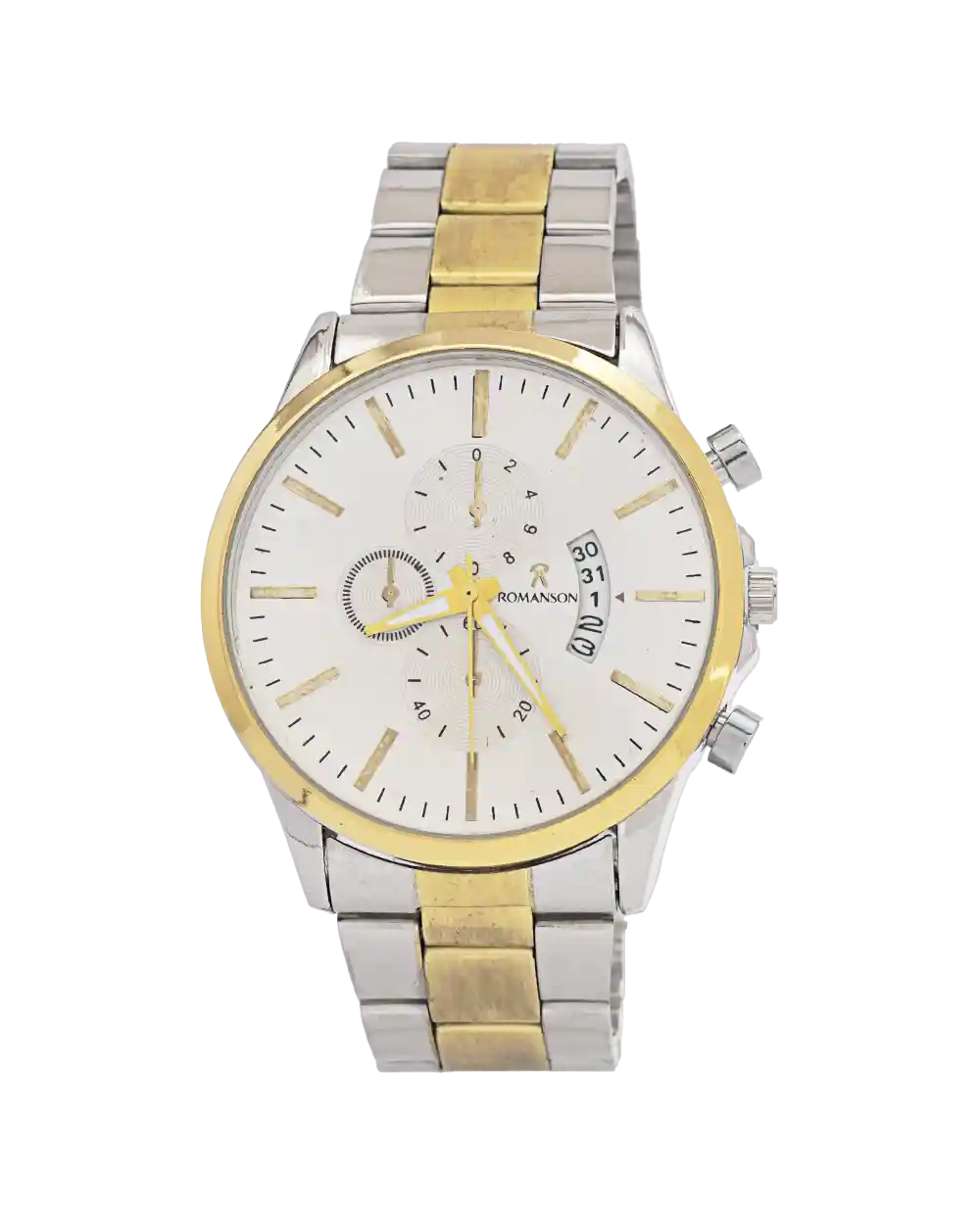 خرید ساعت مچی مردانه رومانسون ROMANSON مدل 1989 بند استیل نقره ای طلایی رنگ ثابت و صفحه سفید بهترین قیمت به همراه ارسال رایگان و جعبه