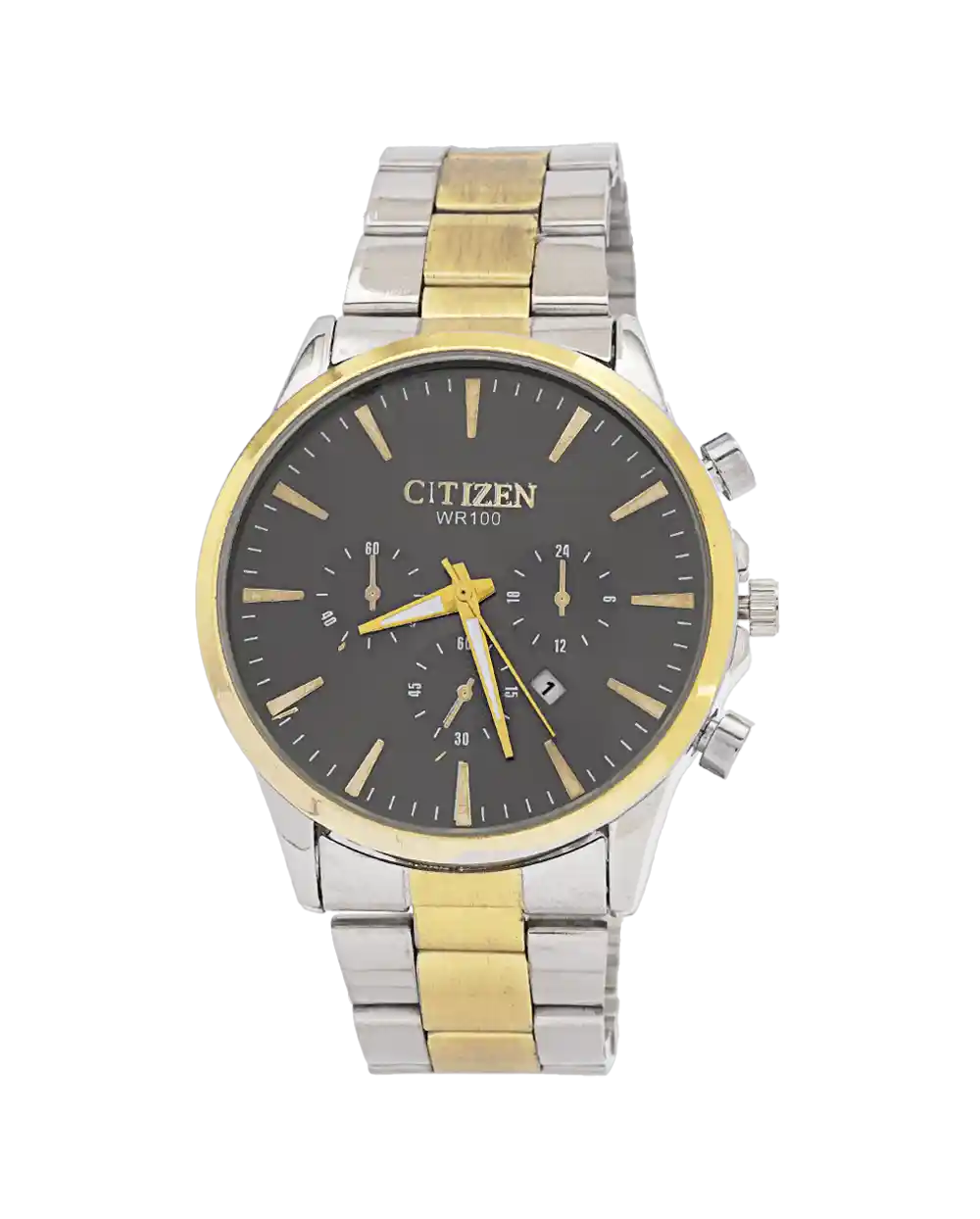 خرید ساعت مچی مردانه سیتیزن CITIZEN مدل 1990 بند استیل نقره ای طلایی و رنگ ثابت با صفحه مشکی بهترین قیمت به همراه ارسال رایگان و جعبه