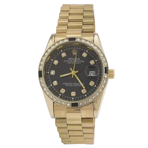 خرید ساعت مچی مردانه رولکس ROLEX طرح دیت جاست مدل 2006 بند استیل طلایی و صفحه مشکی رنگ ثابت بهترین قیمت همراه با ارسال رایگان و جعبه