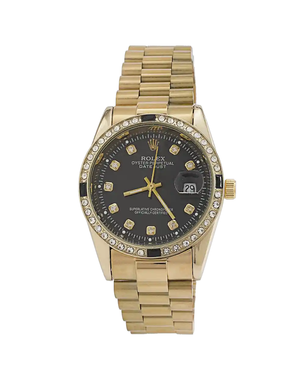 خرید ساعت مچی مردانه رولکس ROLEX طرح دیت جاست مدل 2006 بند استیل طلایی و صفحه مشکی رنگ ثابت بهترین قیمت همراه با ارسال رایگان و جعبه