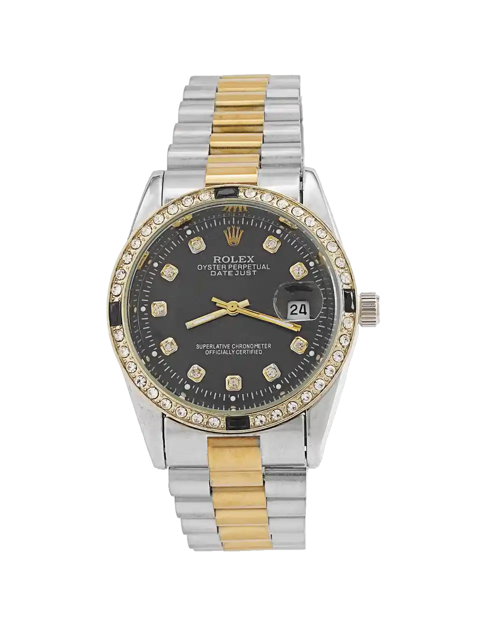 خرید ساعت مچی مردانه رولکس ROLEX طرح دیت جاست مدل 2007 بند استیل نقره ای طلایی و صفحه مشکی رنگ ثابت بهترین قیمت همراه با ارسال رایگان و جعبه