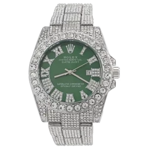 خرید ساعت مچی مردانه رولکس ROLEX فول نگین مدل 2008 بند فول استون نقره ای و صفحه سبز رنگ ثابت fullstone بهترین قیمت و به همراه ارسال رایگان