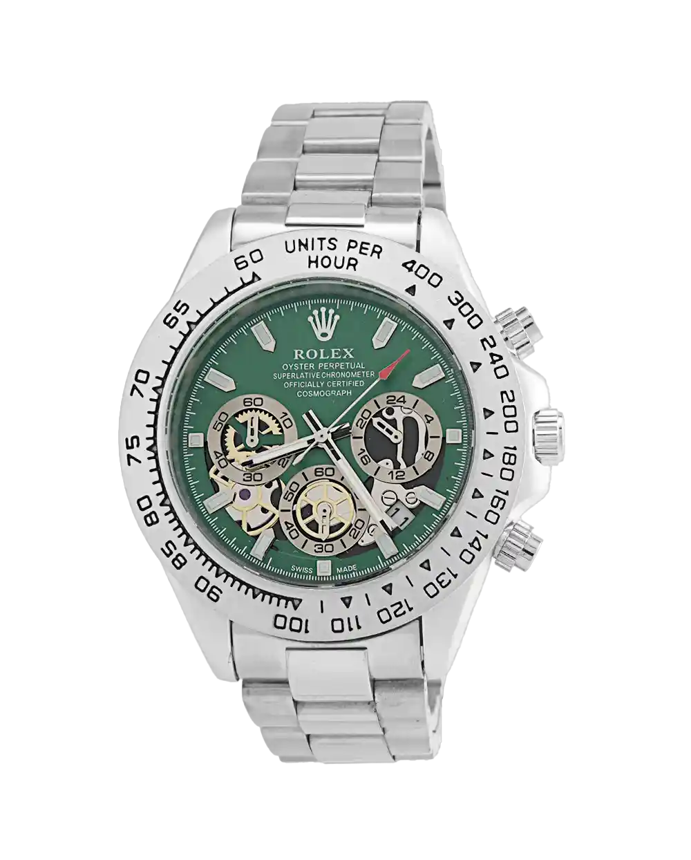 خرید ساعت مچی مردانه رولکس ROLEX طرح Daytona مدل 2016 بند استیل نقره ای با صفحه سبز و سه موتور فعال رنگ ثابت بهترین قیمت و ارسال رایگان