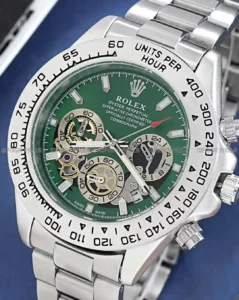 خرید ساعت مچی مردانه رولکس ROLEX طرح Daytona مدل 2016 بند استیل نقره ای با صفحه سبز و سه موتور فعال رنگ ثابت بهترین قیمت و ارسال رایگان