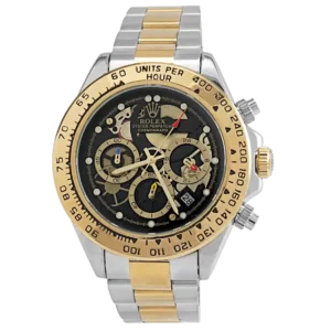 خرید ساعت مچی مردانه رولکس ROLEX طرح Daytona مدل 2019 بند استیل نقره ای طلایی رنگ ثابت با صفحه مشکی و سه موتور فعال بهترین قیمت و ارسال رایگان