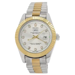 خرید ساعت مچی مردانه رولکس ROLEX طرح DAY DATE مدل 2056 رنگ نقره ای طلایی و صفحه سفید رنگ ثابت و تقویم ایام هفته بهترین قیمت و ارسال رایگان