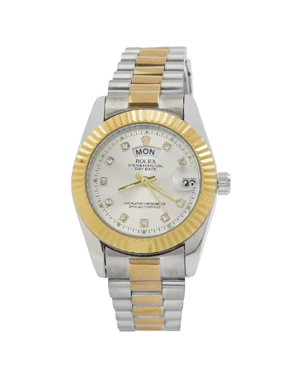 خرید ساعت مچی زنانه رولکس ROLEX طرح DAY DATE مدل 2057 رنگ نقره ای طلایی و صفحه سفید رنگ ثابت و تقویم ایام هفته بهترین قیمت و ارسال رایگان