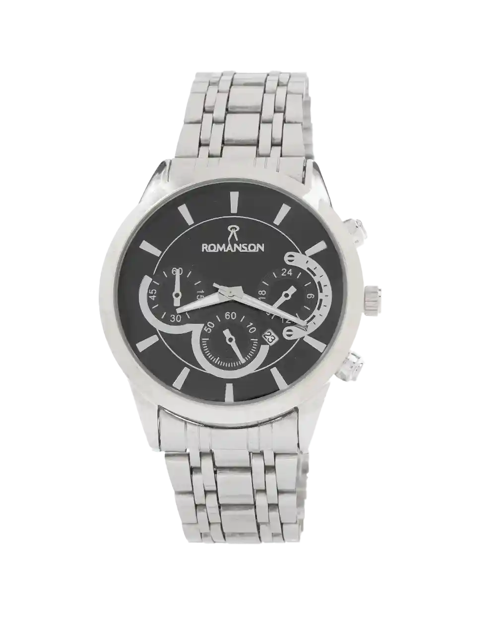 خرید ساعت مچی مردانه رومانسون ROMANSON مدل 2062 بند نقره ای استیل و صفحه مشکی رنگ ثابت بهترین قیمت به همراه ارسال رایگان و جعبه