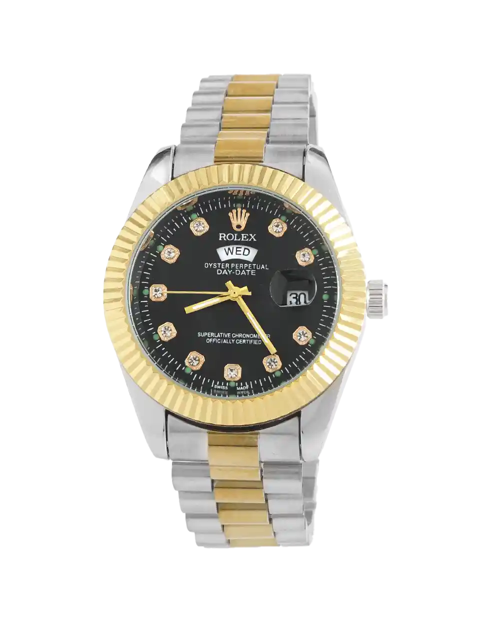 خرید ساعت مچی مردانه رولکس ROLEX طرح DAY DATE مدل 2084 رنگ نقره ای طلایی و صفحه مشکی رنگ ثابت و تقویم ایام هفته بهترین قیمت و ارسال رایگان