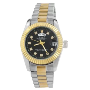 خرید ساعت مچی زنانه رولکس ROLEX طرح DAY DATE مدل 2085 رنگ نقره ای طلایی و صفحه مشکی و رنگ ثابت دارای ایام هفته بهترین قیمت و ارسال رایگان