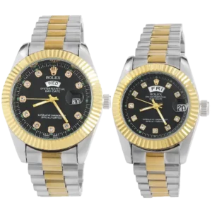 خرید ست ساعت مچی رولکس ROLEX طرح DAY DATE مدل 2086 رنگ نقره ای طلایی صفحه مشکی با کیفیت و تقویم ایام هفته بهترین قیمت و ارسال رایگان