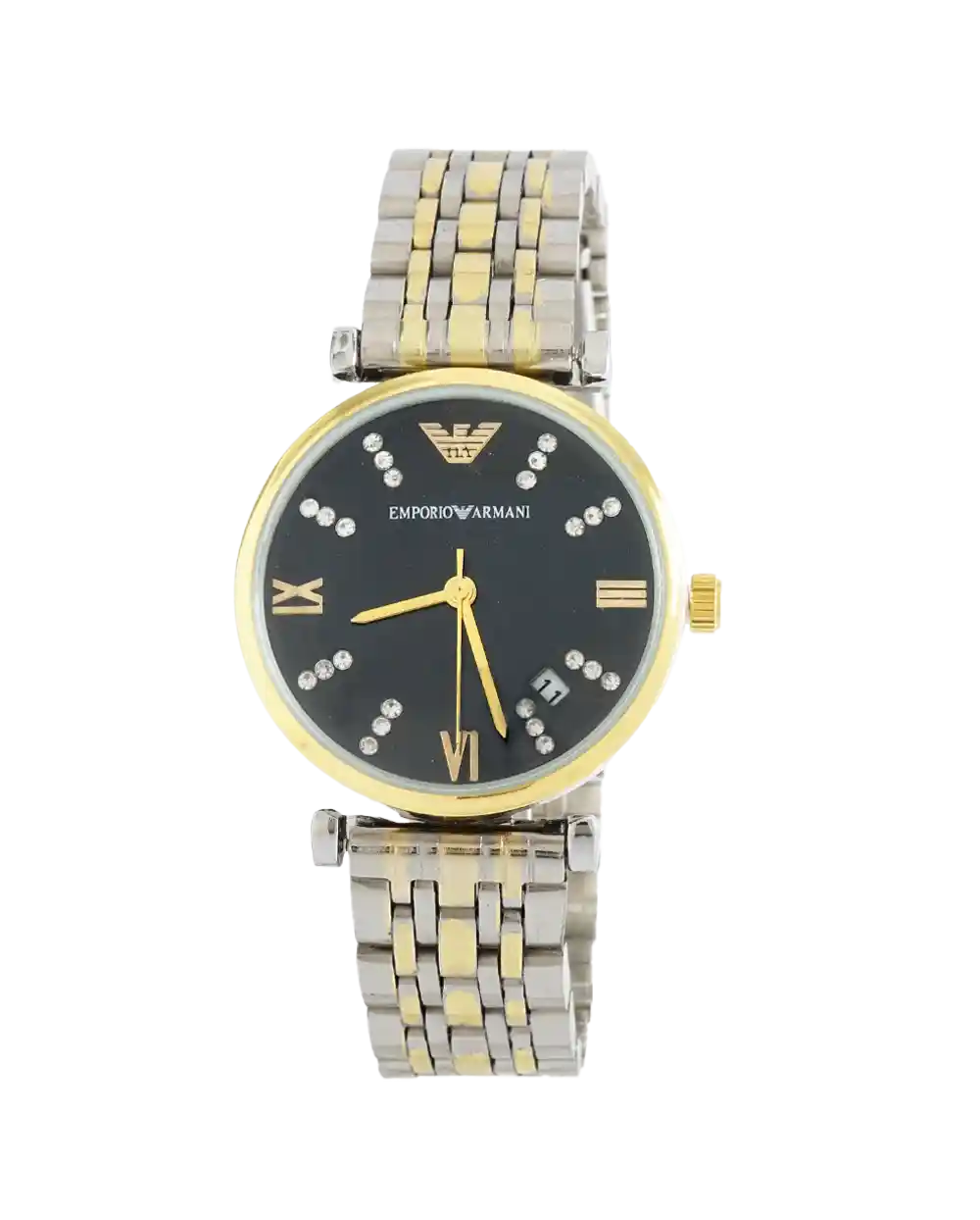 خرید ساعت مچی زنانه امپریو آرمانی EMPORIO ARMANY مدل 2117 بند استیل نقره ای طلایی و رنگ ثابت و صفحه مشکی به همراه ارسال رایگان و جعبه