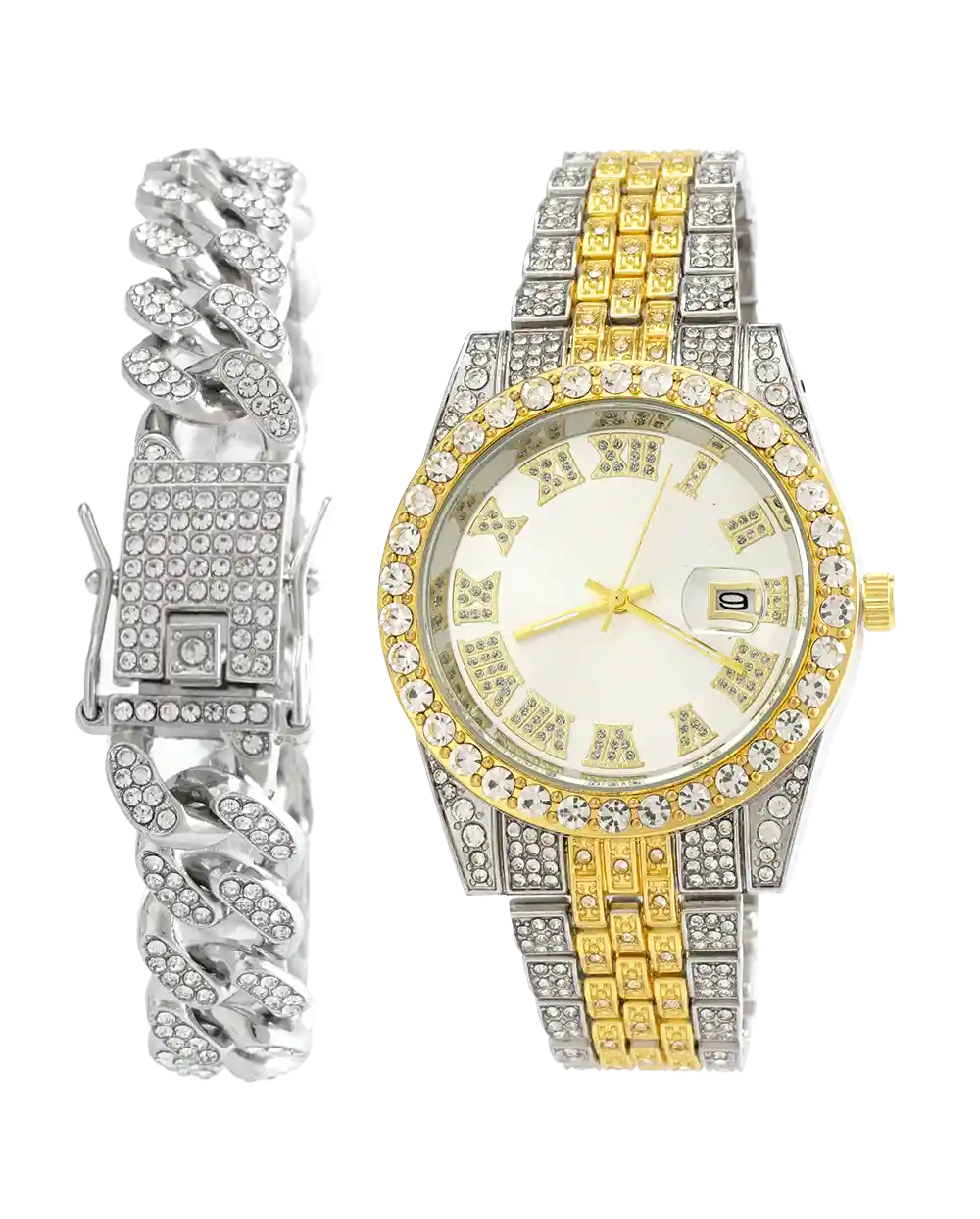 خرید ست ساعت مچی و دستبند مردانه فول نگین رولکس ROLEX مدل 2118 بند استیل نقره ای طلایی و رنگ ثابت و صفحه سفید بهترین قیمت و ارسال رایگان