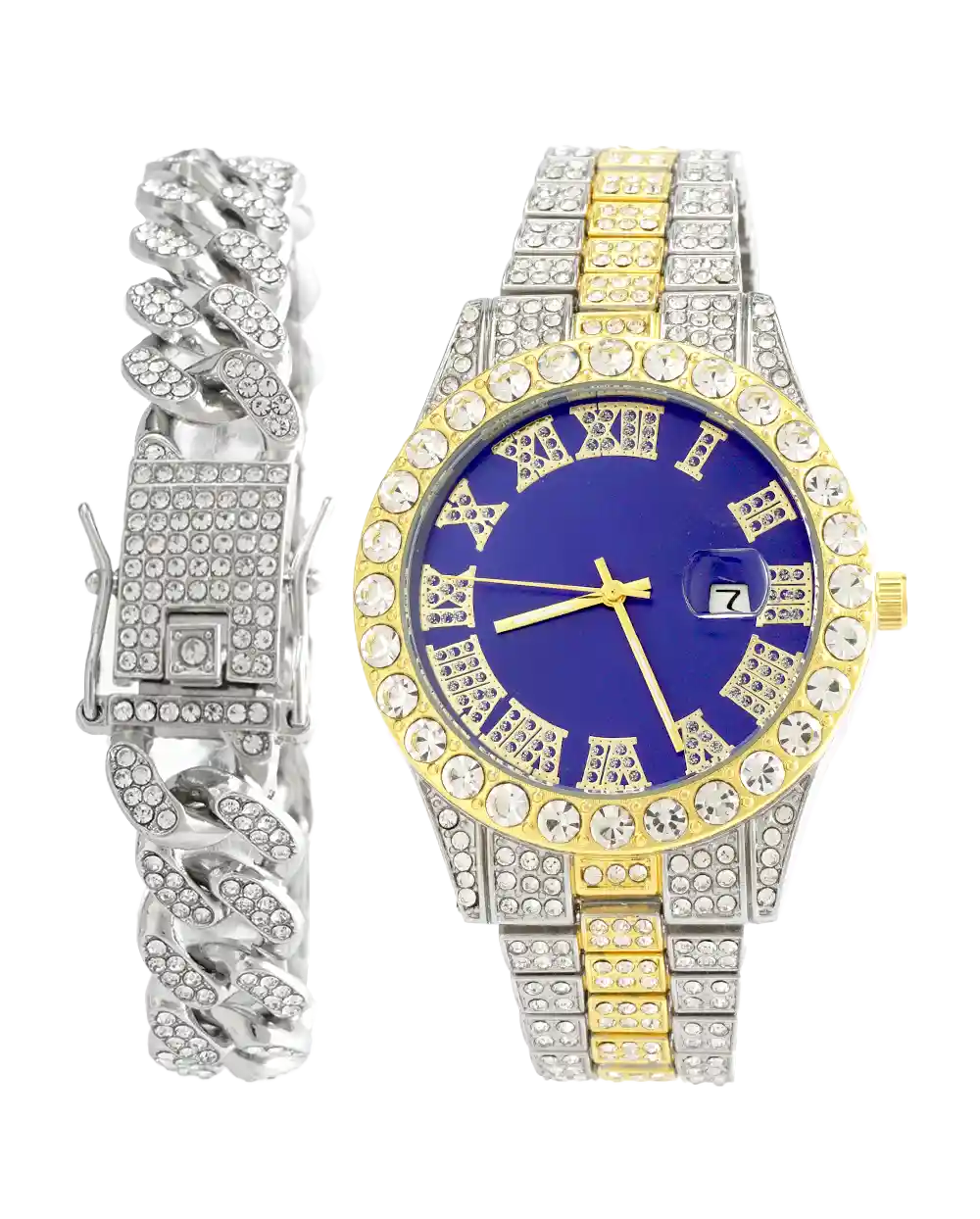 خرید ست ساعت مچی و دستبند مردانه فول نگین رولکس ROLEX مدل 2119 بند استیل نقره ای طلایی و رنگ ثابت و صفحه آبی بهترین قیمت و ارسال رایگان