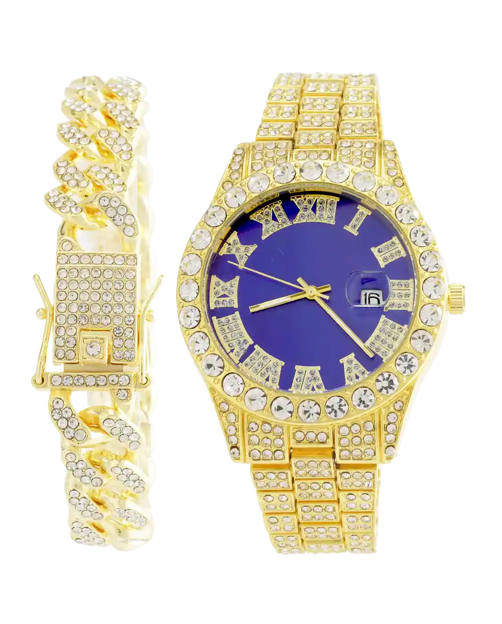 خرید ست ساعت مچی و دستبند مردانه فول نگین رولکس ROLEX مدل 2120 بند استیل طلایی و رنگ ثابت و صفحه آبی بهترین قیمت و ارسال رایگان