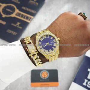 ست ساعت مچی و دستبند مردانه فول نگین رولکس ROLEX مدل 2120