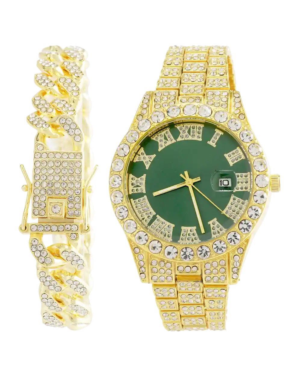 خرید ست ساعت مچی و دستبند مردانه فول نگین رولکس ROLEX مدل 2121 بند استیل طلایی و رنگ ثابت و صفحه سبز بهترین قیمت و ارسال رایگان