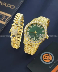 خرید ست ساعت مچی و دستبند مردانه فول نگین رولکس ROLEX مدل 2121 بند استیل طلایی و رنگ ثابت و صفحه سبز بهترین قیمت و ارسال رایگان