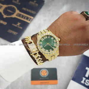 ست ساعت مچی و دستبند مردانه فول نگین رولکس ROLEX مدل 2121