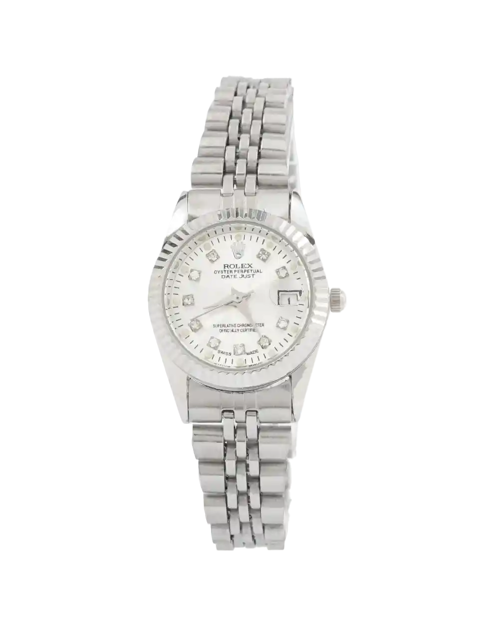 خرید ساعت مچی زنانه رولکس ROLEX طرح دیت جاست مدل 2100 رنگ نقره ای و صفحه سفید رنگ ثابت بهترین قیمت به همراه ارسال رایگان و جعبه