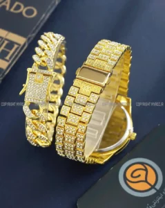 خرید ست ساعت مچی و دستبند مردانه فول نگین رولکس ROLEX مدل 2121 بند استیل طلایی و رنگ ثابت و صفحه سبز بهترین قیمت و ارسال رایگان