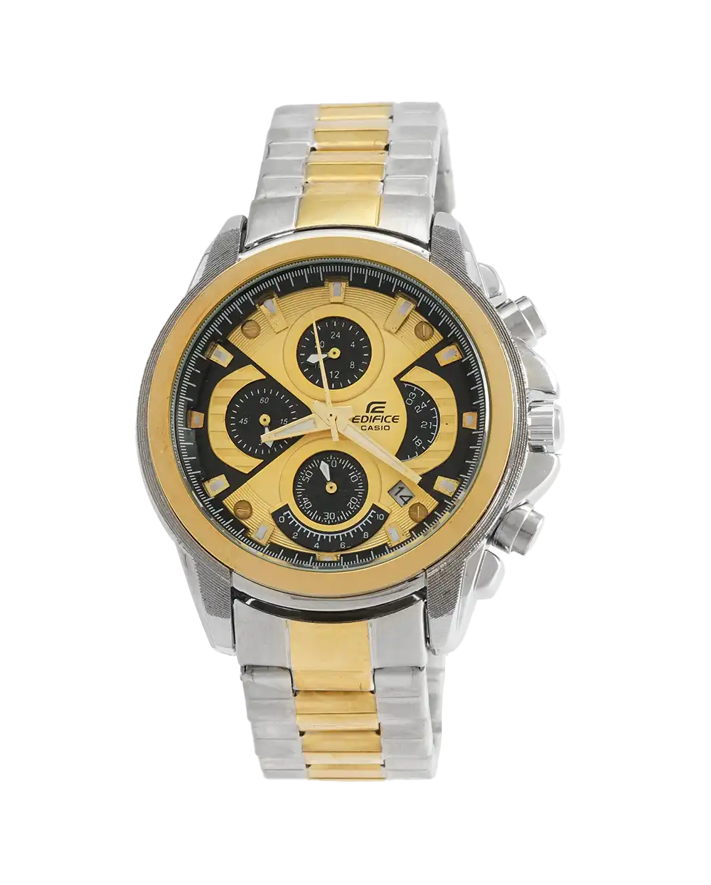 خرید ساعت مچی مردانه کاسیو CASIO طرح ادیفایس مدل 2230 صفحه طلایی و بند نقره ای طلایی رنگ ثابت و سه موتور فعال کرنوگراف و ارسال رایگان