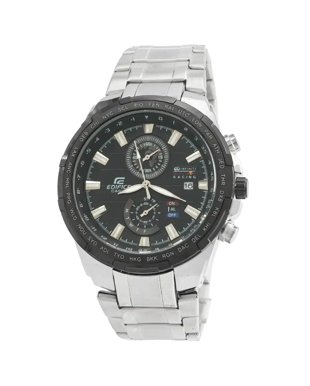 خرید ساعت مچی مردانه کاسیو CASIO طرح ادیفایس مدل 2231 صفحه مشکی و بند نقره ای رنگ ثابت و سه موتور فعال کرنوگراف و ارسال رایگان