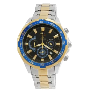 خرید ساعت مچی مردانه کاسیو CASIO طرح ادیفایس مدل 2237 صفحه مشکی و بند نقره ای طلایی رنگ ثابت و سه موتور فعال کرنوگراف و ارسال رایگان