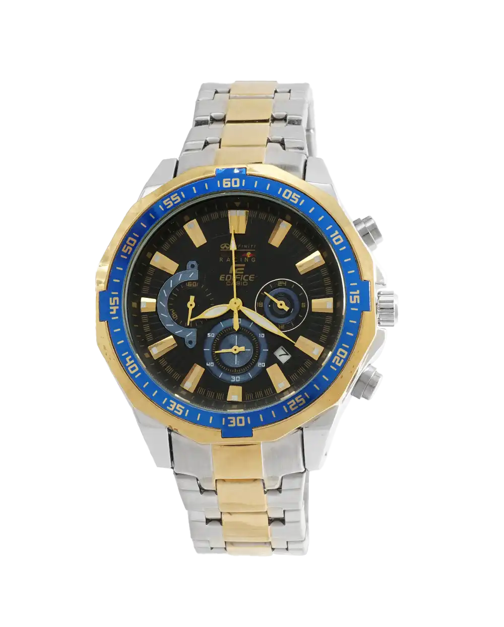 خرید ساعت مچی مردانه کاسیو CASIO طرح ادیفایس مدل 2237 صفحه مشکی و بند نقره ای طلایی رنگ ثابت و سه موتور فعال کرنوگراف و ارسال رایگان