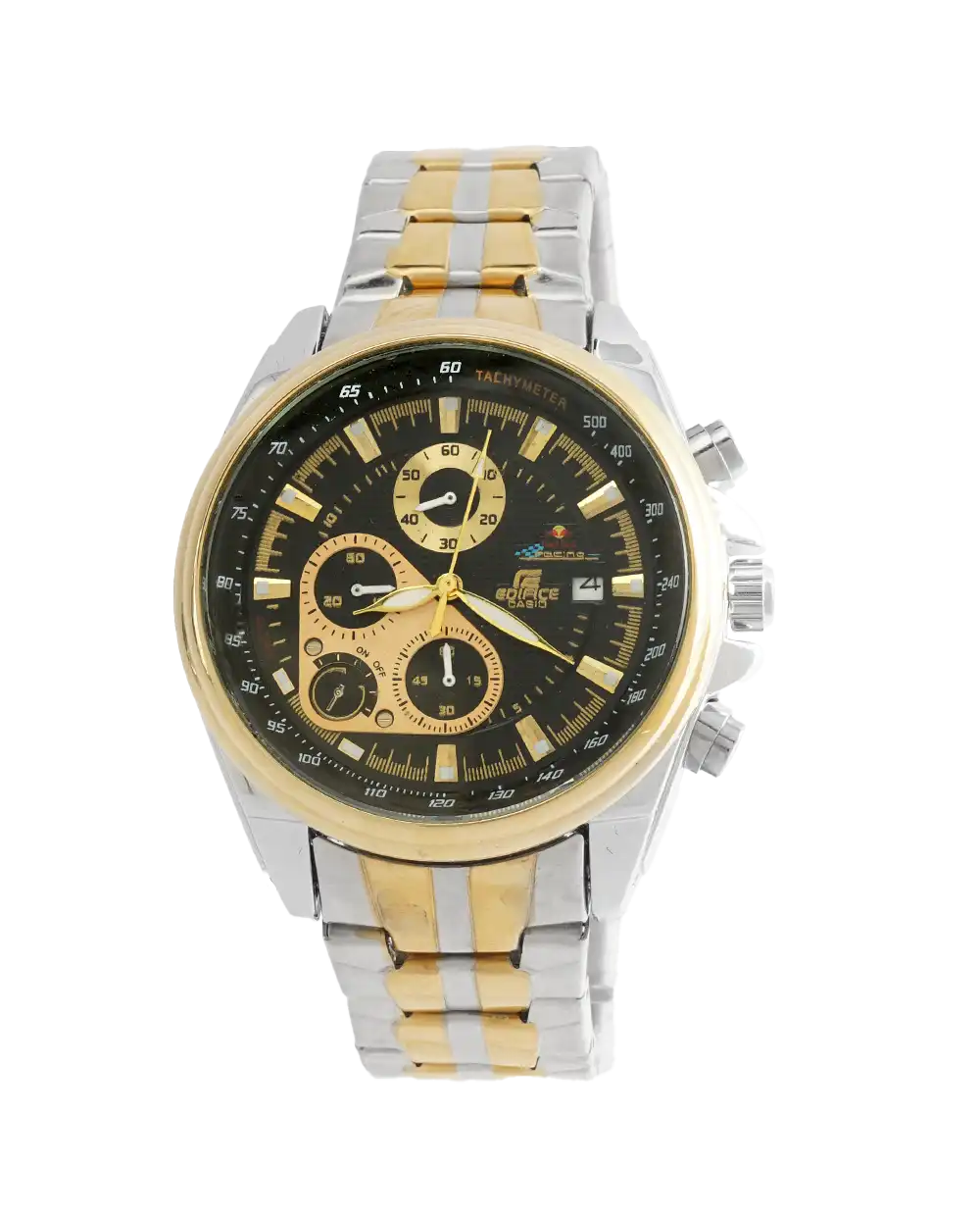 ساعت مچی مردانه کاسیو CASIO طرح ادیفایس مدل 2239 صفحه مشکی و بند نقره ای طلایی رنگ ثابت و سه موتور فعال کرنوگراف و ارسال رایگان