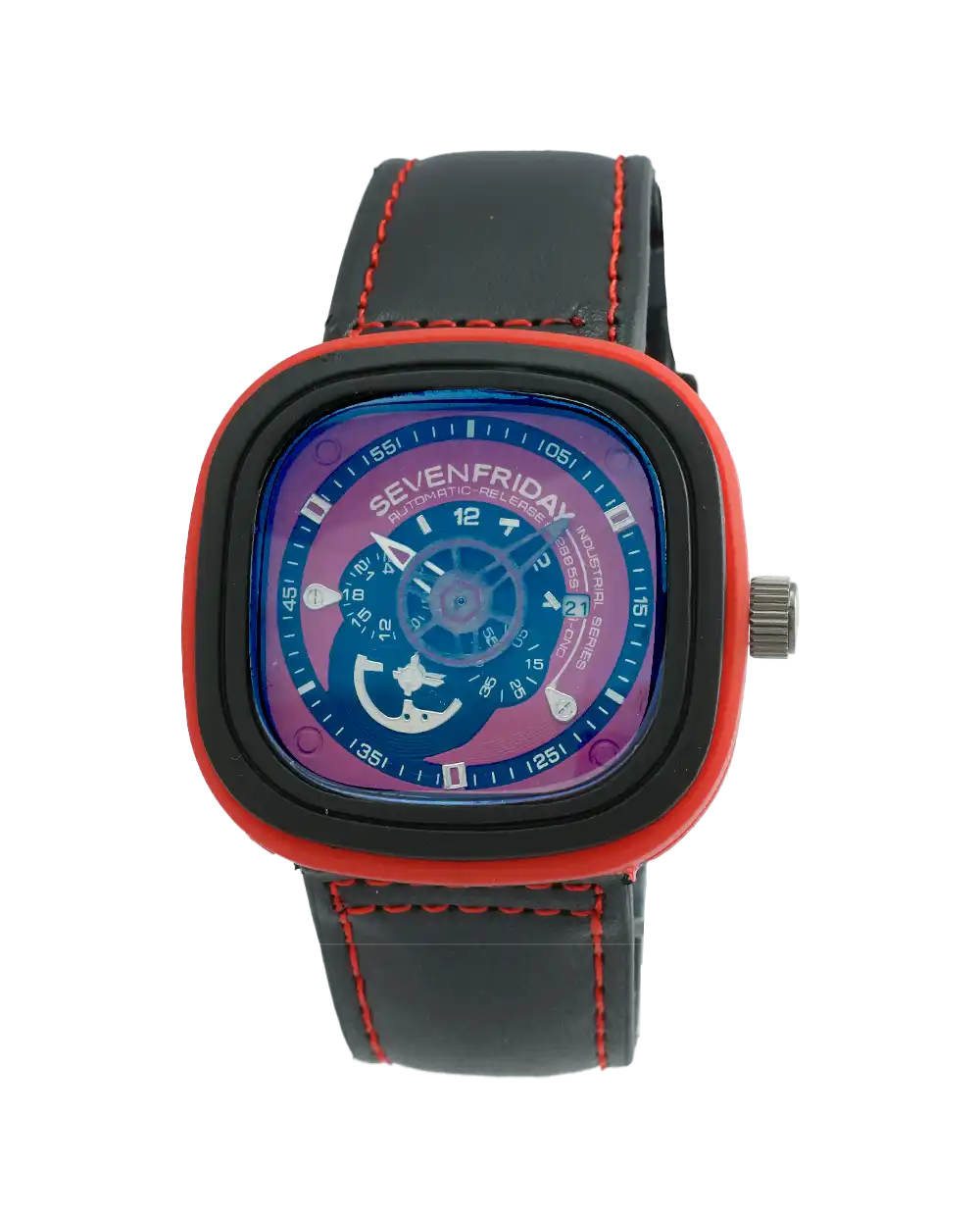 خرید ساعت مچی مردانه سون فرایدی SEVENFRIDAY کد 2255 طرح صفحه خاص و کنتوری و صفحه قرمز و بند چرمی مشکی قرمز رنگ ثابت بهترین قیمت