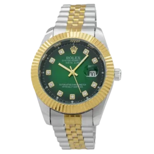 خرید ساعت مچی مردانه رولکس ROLEX مدل دیت جاست کد 2324 صفحه سبز دایره ای و بند استیل نقره ای طلایی و قفل رولکسی اصلی رنگ ثابت و ارسال رایگان