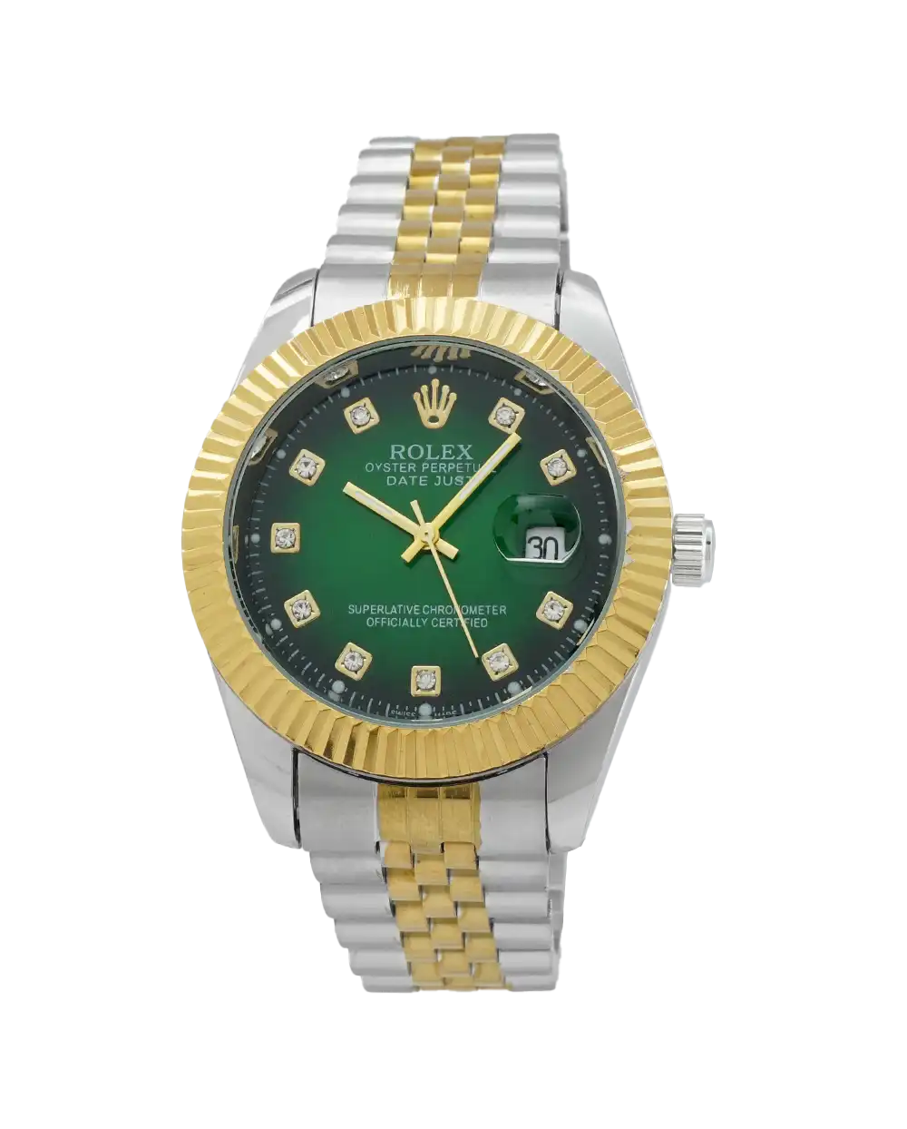 خرید ساعت مچی مردانه رولکس ROLEX مدل دیت جاست کد 2324 صفحه سبز دایره ای و بند استیل نقره ای طلایی و قفل رولکسی اصلی رنگ ثابت و ارسال رایگان