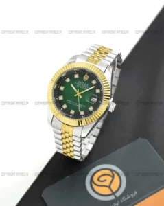 خرید ساعت مچی مردانه رولکس ROLEX مدل دیت جاست کد 2324 صفحه سبز دایره ای و بند استیل نقره ای طلایی و قفل رولکسی اصلی رنگ ثابت و ارسال رایگان