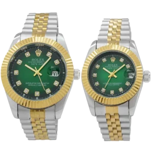 خرید ست ساعت مچی رولکس ROLEX مدل دیت جاست کد 2326 صفحه سبز دایره ای و بند استیل نقره ای طلایی و قفل رولکسی اصلی رنگ ثابت و ارسال رایگان