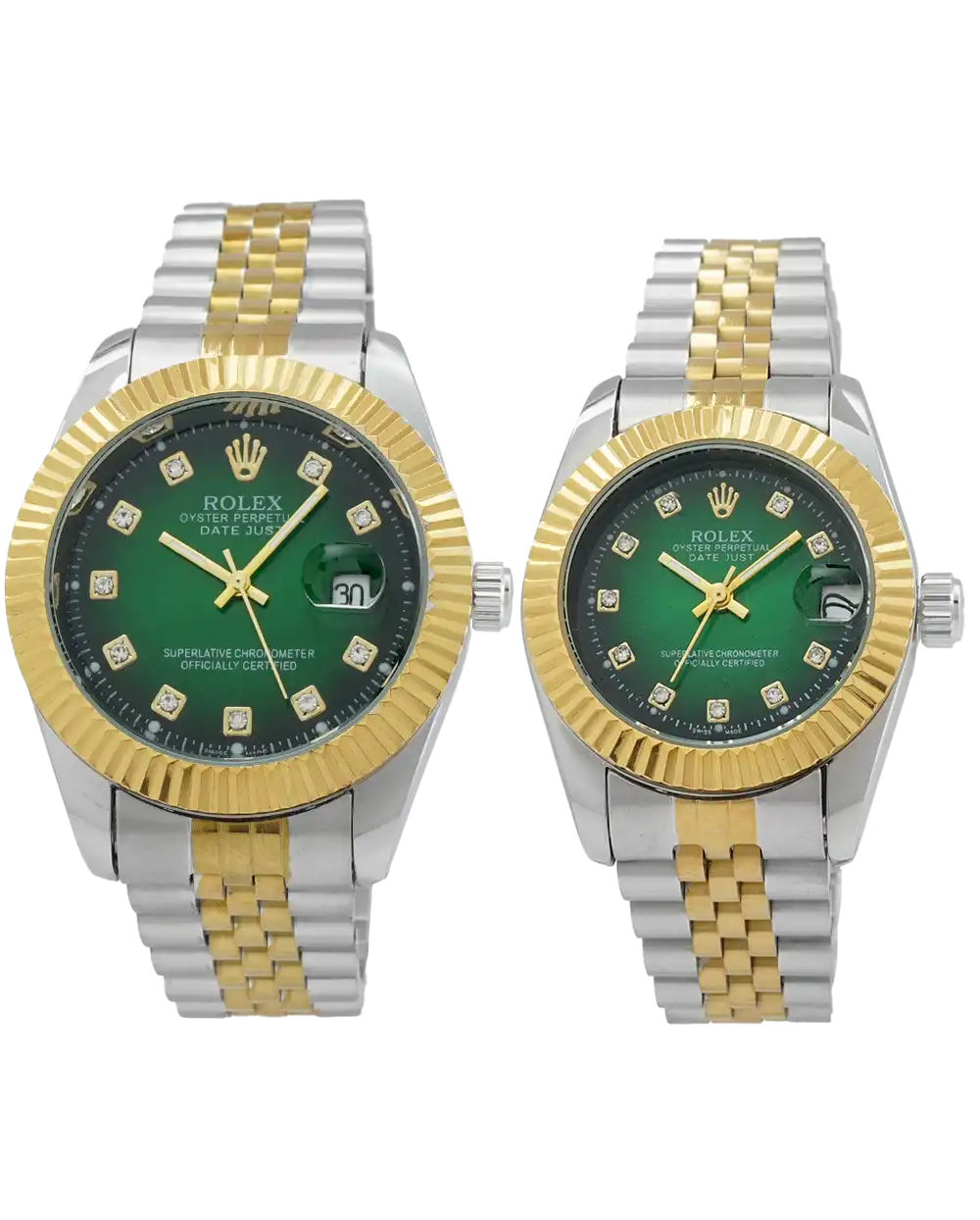 خرید ست ساعت مچی رولکس ROLEX مدل دیت جاست کد 2326 صفحه سبز دایره ای و بند استیل نقره ای طلایی و قفل رولکسی اصلی رنگ ثابت و ارسال رایگان