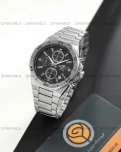 خرید ساعت مچی مردانه کاسیو CASIO مدل ادیفایس کد 2332 بند استیل نقره ای رنگ ثابت و صفحه دایره ای مشکی و سه موتور فعال کرنوگراف و ارسال رایگان